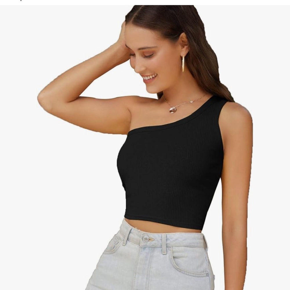 One Shoulder Sleeveless Ribbed Crop Top - Black